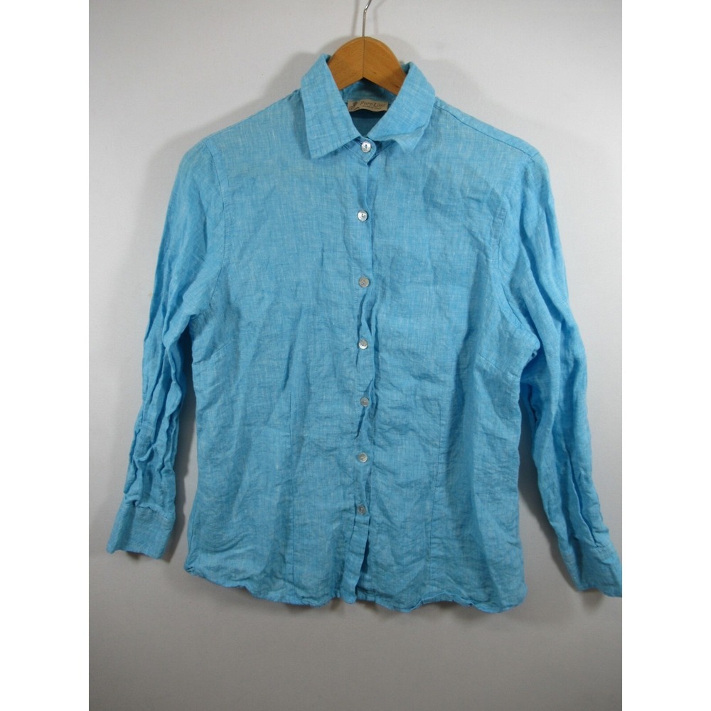 Puro Lino Linen Button Up Shirt Women XL Blue Long Sleeve